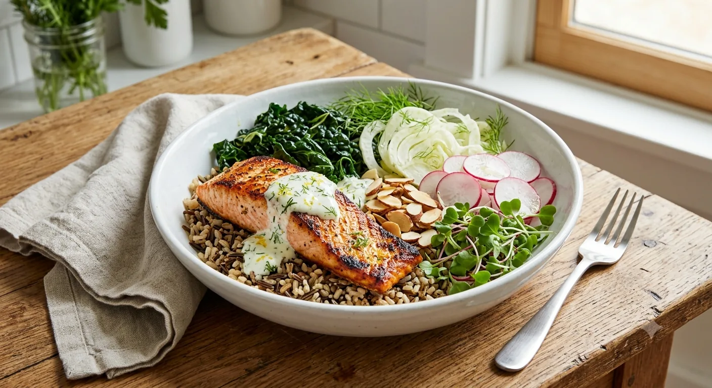 Wild rice and roasted salmon bowl
